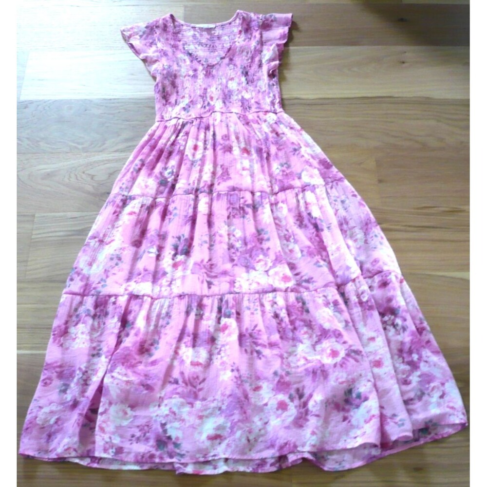 Anthropologie By The River L Smocked Floral Midi Dress Pink Cottagecore Feminine - Picture 12 of 16